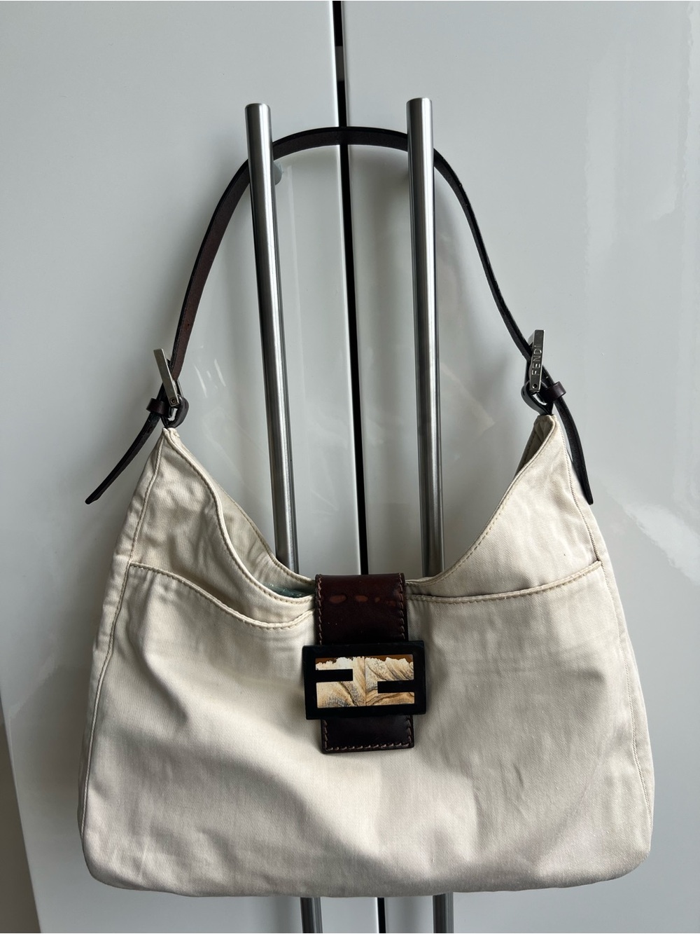 Fendi Canvas Cloth Shoulder Bag with Dark Brown Accents